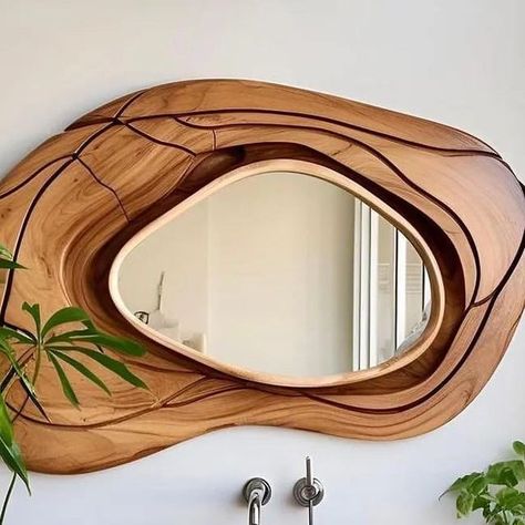 Japandi Style Living Room, Credits Design, Unusual Mirrors, Wood Mirror Bathroom, Mirror Texture, Wavy Mirror, Wooden Mirror Frame, Mirror Design Wall, Wooden Bathroom