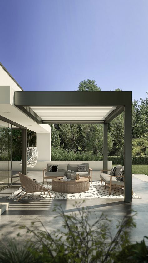 outdoor structure with motorized louvered roof Louvered Roof, Bioclimatic Pergola, Rooftop Terrace Design, Modern Pergola, Pergola Design, Outdoor Living Design, Patio Garden Design, Outdoor Gardens Design, Terrace Design