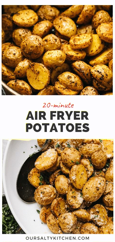 Crispy Air Fryer Potatoes aren't just easy, they're simply the best roasted potatoes you can make at home with no muss, no fuss, and a lot less oil than you think! Baby potatoes in the air fryer are ready in just 20 minutes and use just a tiny splash of oil - they're faster and healthier than oven roasted potatoes, and definitely crispier! Pair them with practically anything, and click through to see options for seasonings and using your favorite potato variety. Crispy Potatoes In Oven, Rosemary Garlic Potatoes, Gold Potato Recipes, Air Fryer Roast, Air Fryer Potatoes, Baby Potato Recipes, Tiny Potato, Garlic Parmesan Potatoes, Parmesan Roasted Potatoes