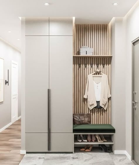 hall, hallway Small Entry Closet Ideas, Small Entry Closet, Entry Closet Ideas, Digital Interior Design, Apartment Entrance, Entry Closet, Kitchen Layout Plans, Entryway Cabinet, Monochrome Interior