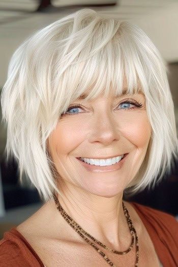 Wispy Platinum Layered Bob Haircut on a smiling woman with platinum blonde hair. Short Platinum Bob With Bangs, Layered Bob Bangs Hairstyles, Shaggy Straight Short Hair, Layered Chin Length Bob With Bangs, Short White Hair With Bangs, Feathered Bobs For Fine Hair, Short Layered Bob With Fringe, Choppy Fringe Bangs, Short Bobs With Bangs For Fine Hair