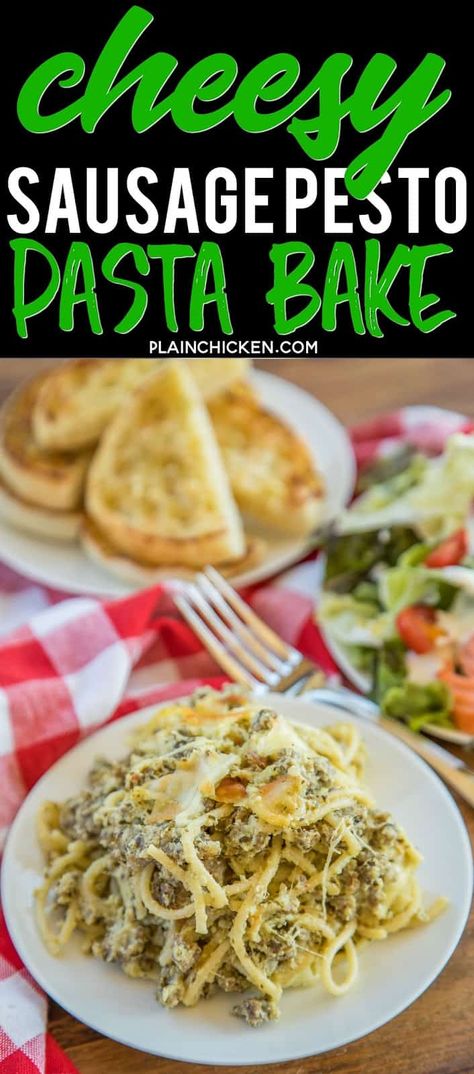 Cheesy Sausage Pesto Pasta Bake - only 6 ingredients! Sausage, spaghetti, pesto, ricotta, mozzarella and parmesan - SO good! Great make ahead pasta casserole recipe - can freeze too! There are never any leftovers. Such a quick and easy casserole recipe!! #pasta #casserole Pasta Bake With Ricotta, Sausage Pesto Pasta, Make Ahead Pasta, Spaghetti Pesto, Pesto Ricotta, Easy Casserole Recipe, Pesto Dishes, Pesto Pasta Bake, Sausage Pasta Bake