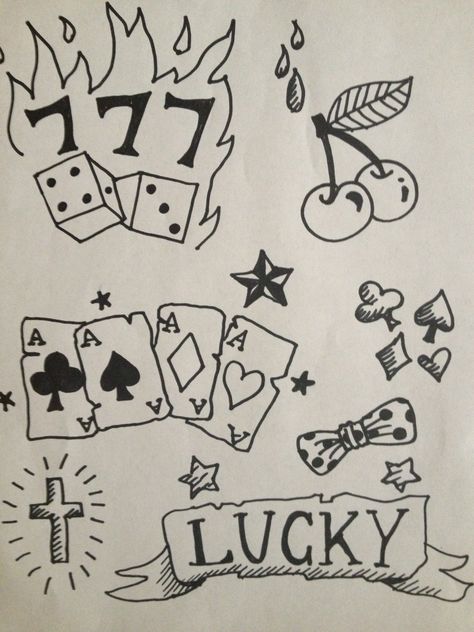 Lucky 7's. Rockabilly tattoo idea for henna gigs. Lucky Cards Tattoo, 777 Tattoo Lucky, Lucky Tattoo Ideas, Lucky Seven Tattoo, 777 Casino Tattoo, Luck Tattoo Ideas, 777 Tattoo Design, Lucky 7 Tattoo, Lucky Tattoos