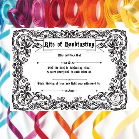 Infinity Coven on Instagram: “Handfasting Certificate . Handfasting is an ancient Celtic ritual in which the hands are tied together to symbolize the binding of two…” Handfasting Certificate, Witchy Wedding, Jumping The Broom, Pagan Wedding, Norse Pagan, Happy Wedding, Wedding Board, Coven, Tie The Knots