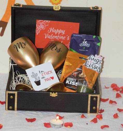 A date night hamper curated with non breakable wine glasses, cocktail mix, chocolates, scented candle to infuse the aroma all around 🥰 the box can be later used as jewellery organiser. Jewellery Organiser, Cocktail Mix, Valentine Gift, Mr And Mrs, Scented Candle, Wine Glasses, Happy Valentine, Chocolates, Scented Candles