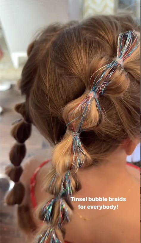 Perfect festive addition - Hair Tinsel Hair Tinsel Styles, Fairy Hairstyles For Kids, Glitter Hair Extensions, Fairy Hair Tinsel, Edc Hair, Jojo Hair, Tinsel Hair Extensions, Tinsel Hair, Kid Hairstyles