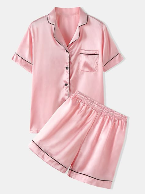 Plus Size Women Solid Color Revere Collar Smooth Home Casual Faux Silk Pajama Set Let Me Sleep, Pyjama Satin, Cute Pajama, Cute Pjs, Cute Pajama Sets, Silk Pajama, Revere Collar, Birthday Wish List, Silk Pajama Set