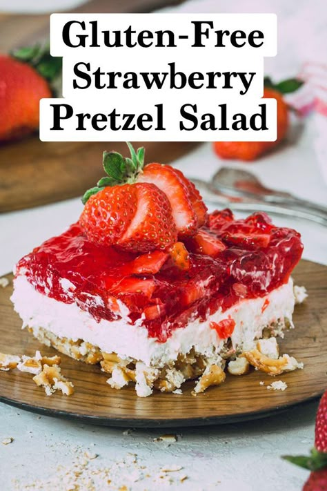 Strawberry Pretzel Dessert, Strawberry Gluten Free, Pretzel Desserts, Gluten Free Easter, Gluten Free Pretzels, Strawberry Pretzel Salad, Pretzel Salad, Strawberry Pretzel, Easy Gluten Free Desserts