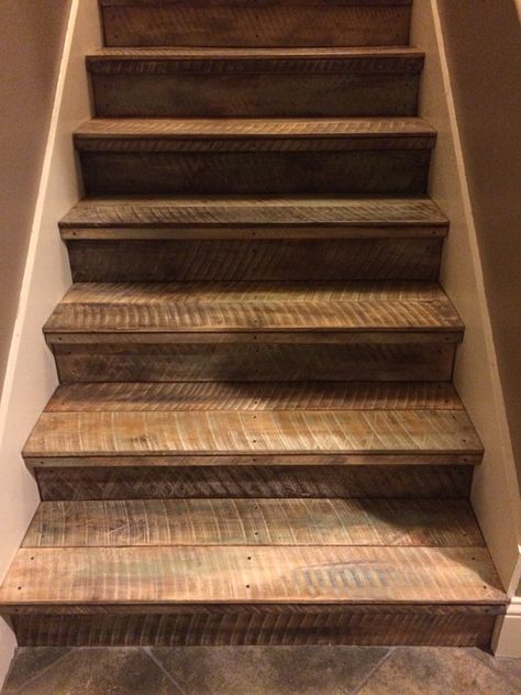 Rough cut untreated pine, then painted and stained - love the way these rustic pallet wood stairs are turning out. Pallet Stairs, Wood Stair Treads, Basement Decoration, Rustic Stairs, Wood Floor Design, Staircase Remodel, Staircase Makeover, Stair Case, Basement Stairs