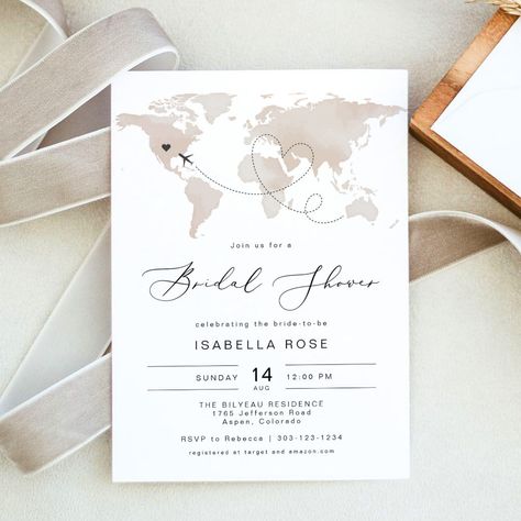 Destination Bridal Shower Ideas, Adventure Awaits Bridal Shower Theme, Travel Themed Bridal Shower Ideas, Travel Bridal Shower Theme, Travel Invitation, Travel Theme Bridal Shower, Travel Bridal Showers, Beige Watercolor, Map Heart