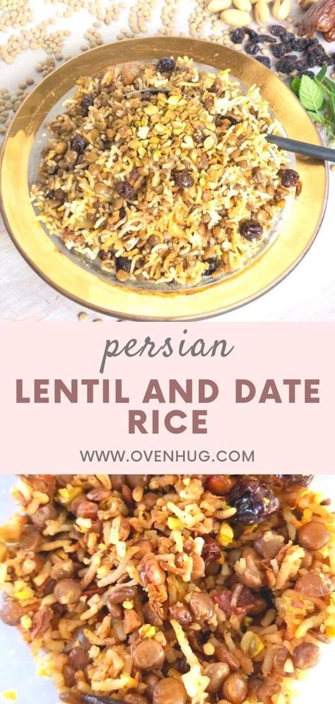 Persian Lentil and Date Rice is a delicious and highly nutritious dish. Parboiled rice  is layered with other ingredients, in this case, lentils,  raisins, dates, and sauteed onions. #ovenhug #adaspolo #persianrice #persiancuisine #lentilanddaterice Adas Polo, Sauteed Onions, Persian Rice, Parboiled Rice, Persian Cuisine, Healthy Holiday Recipes, Healthy Holidays, Persian Food, Brain Food