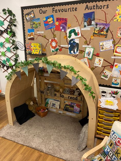 Story Display Boards Nursery, Home Corner Kindergarten, Story Corner Display Ideas Nursery, Book Corner Ideas For Preschool, Early Years Reading Corner, Curiosity Approach Story Corner, Early Years Display Ideas, Eyfs Book Corner Ideas, Classroom Cosy Corner