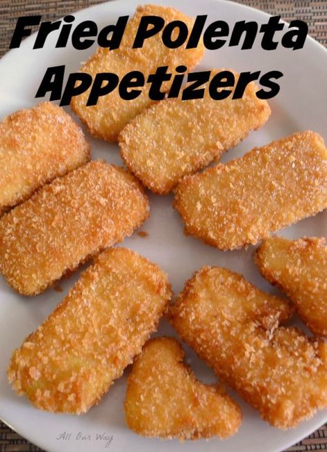 Fried Polenta Appetizers are Coated with Crunchy Panko Crumbs @ allourway.com Polenta Party, Fried Polenta Recipes, Polenta Appetizer, Marinara Dip, Cornmeal Mush, Fried Polenta, Cornmeal Recipes, Party Nibbles, Polenta Fries