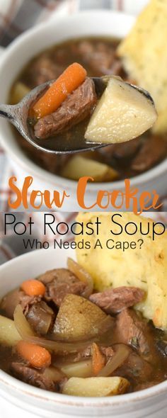 Slow Cooker Pot Roast Soup has tender beef, loads of carrots and potatoes and… Roast Soup Crockpot, Pot Roast Soup Crockpot, Pot Roast Soup Recipes, Pot Roast Soup, Roast Soup, Slow Cooker Pot Roast, Beef Potatoes, Crockpot Soup, Beef Soup Recipes