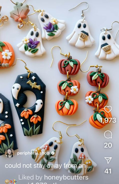 Halloween Oven Bake Clay, Oven Clay Ideas, Oven Baked Clay Ideas, Disney Halloween Clay Earrings, Oven Bake Clay Ideas, Haunted House Clay Earrings, Polymer Clay Ghost Earrings Tutorial, Handmade Polymer Clay Halloween Jewelry, Oven Bake Clay