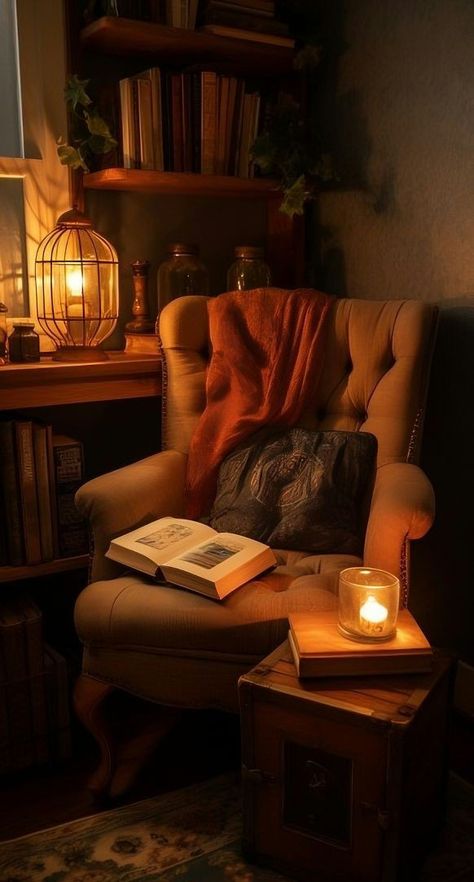 Office Reading Nook Comfy Chair, Comfy Reading Aesthetic, Reading Nook Armchair, Armchair Reading Corner, Cute Reading Nook, Book Nook Bedroom, Old Bedroom Vintage, Comfy Home Aesthetic, Cozy Core Aesthetic