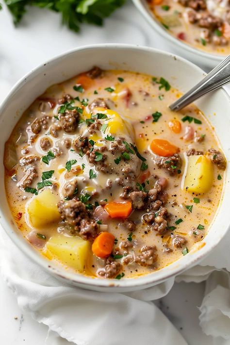 This incredible cheeseburger soup recipe will be your new go-to! It's full of ground beef, veggies, and plenty of cheese. It's everything you love about burgers in bowl form! Ground Beef Chowder, Hearty Cheeseburger Soup, Yves Ground Round Recipes, Healthy Recipes For Ground Beef, Hamburger And Veggie Soup, Cheeseburger Soup Taste Of Home, Get Better Soup Recipes, Creamy Ground Beef Soup, Turkey Burger Soup Recipes