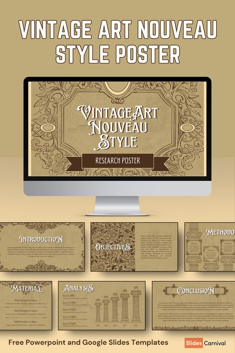 Introducing our Vintage Art Nouveau Style Research Poster, a captivating presentation template designed specifically for students. With its dominant color of brown, this template exudes a nostalgic and vintage vibe, perfect for history subjects. Immerse your audience in the elegance of Art Nouveau as you showcase your research findings. Whether it’s for a class presentation or a research conference, this template will surely impress. Canva Vintage Template, Art History Presentation, Art Nouveau Poster Design, Research Conference, History Subject, Class Presentation, Research Poster, Vintage Template, Art Nouveau Poster