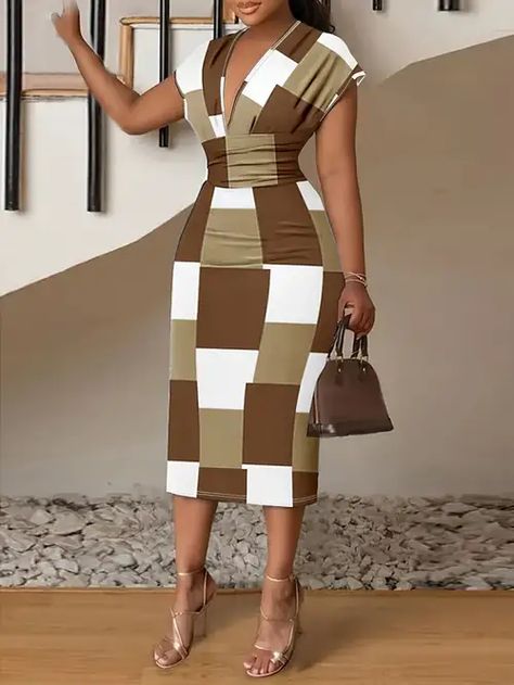 Temu | Explore the Latest Clothing, Beauty, Home, Jewelry & More Plaid Bodycon Dress, Sukienki Plus Size, Dinner Outfits, Formal Dresses For Women, Women Outfits, Patchwork Dress, Floral Pants, Slim Dresses, Khaki Color