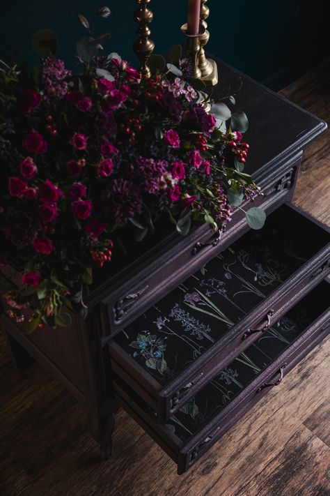 Paint Chest Of Drawers, Chalk Paint Chest Of Drawers, Purple Chest Of Drawers, Purple Chalk Paint, Dark Purple Paint, Drawers Makeover, Beautiful Paintings Of Flowers, Plum Paint, Chalk Paint Chairs