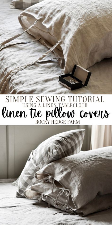 Beige linen pillow covers with ties. Blanket Sewing Ideas, Sewing Patterns Pillows, Easiest Sewing Projects, Sew Pillows, Learn To Sew For Beginners, Sewing For Home Decor, Sew A Pillowcase, Sewing Household Items, Duvet Sewing Pattern