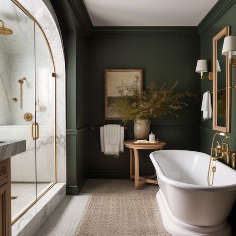 Moody Bathroom Clawfoot Tub, Dark Green Master Bath, Moody Cabin Interior, Dark Master Bath, Moody Green Bathroom, Moody Master Bath, Moody Small Bathroom, Forest Green Bathroom, Moody Half Bath