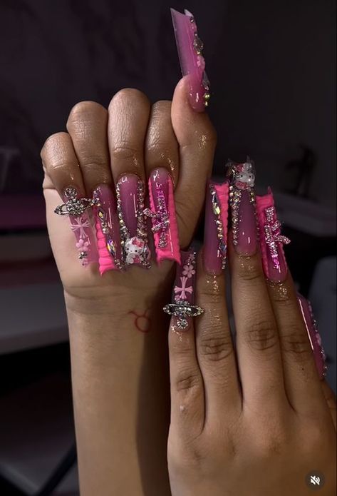 Xl Bling Nails, Crazy Acrylic Nails Designs Art Ideas, Xl Duck Nails Acrylic, Junk Nails Long, Long Duck Nails With Charms, Birthday Junk Nails, Xl Nails With Charms, Xl Birthday Nails, Extended Duck Nails