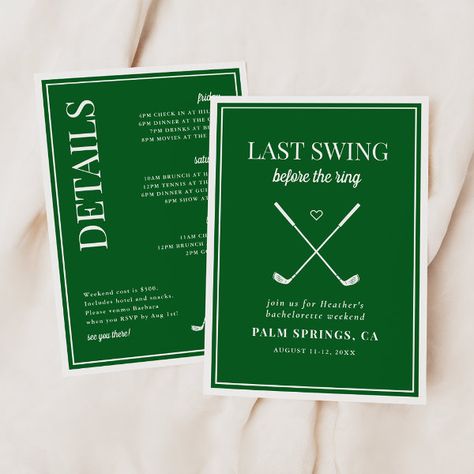 Last Swing Before the Ring Golf Bachelorette Invitation Top Golf Bachelorette Party, Golf Sorority Theme, Golfing Bachelorette Party, Golf Theme Engagement Party, Bridal Shower Golf Theme, Golf Theme Bachelor Party, Golf Theme Wedding Ideas, Golf Themed Bridal Shower Ideas, Golf Theme Bridal Shower Ideas