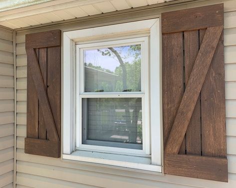 Barn Style Shutters Window Barn Doors Sliding Shutters | Etsy Wood Shutters Indoor, Shutters Indoor, Wood Shutters Exterior, Farmhouse Shutters, Cedar Shutters, House Shutters, Wooden Shutters, Door Inspiration, Brick Exterior House