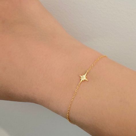 925 Sterling Silver North Star Bracelet, 14K Gold Celestial Bracelet, Minimalist Gold North Star Bracelet, Dainty Starburst Bracelet - Etsy Gold Inspo, Starburst Bracelet, Celestial Bracelet, Bracelets Christmas, Crystal Bead Bracelet, Dainty Gold Bracelet, Gold Starburst, Pretty Jewelry Necklaces, Bracelet Minimalist