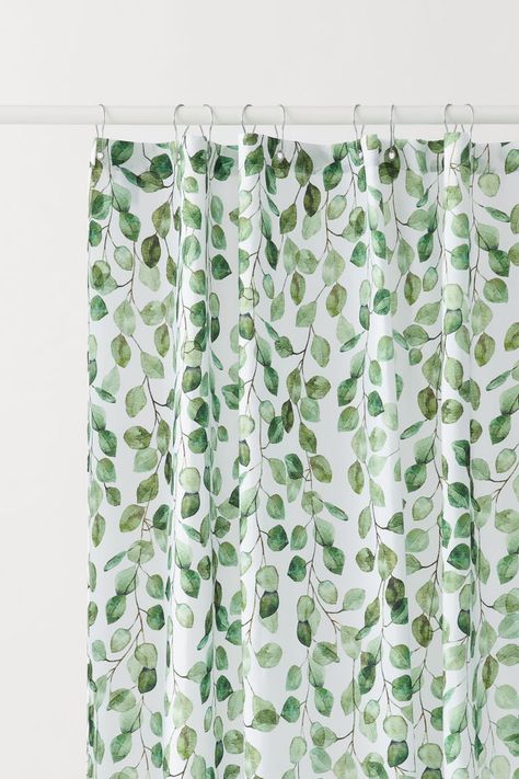 H&M Home’s Spring Collection Is All Under $80 & Basically Made For Plant Lovers Decor Baie, White Shower Curtain, Boho Bathroom, Apartment Bathroom, H&m Home, Plywood Furniture, Blue Bathroom, Patterned Shower Curtain, Green Bathroom