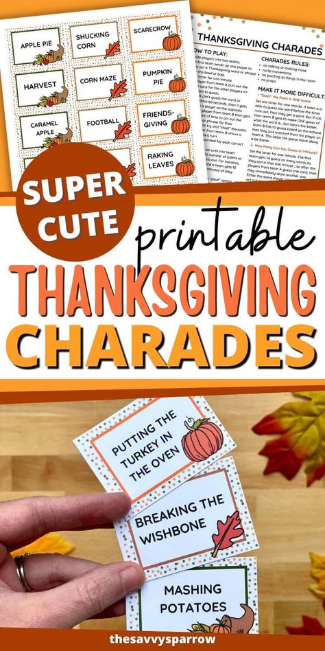 This fun Thanksgiving charades game is one of the best Thanksgiving games for adults to play after dinner! Just print out the free printable Thanksgiving charades words, cut them into cards, and place the charades cards in a basket. So easy, and a great after dinner Thanksgiving activity for adults if you're hosting Thanksgiving and need some last minute entertainment! Thanksgiving Kids Games Free, Thanksgiving Free Printable Games, Thanksgiving Charades For Adults, Thanksgiving Charades Printable, Thanksgiving Thankful Activities, Free Thanksgiving Games For Adults, Thanksgiving Party Games Free Printable, Thanksgiving Games Adults, Thanksgiving Charades For Kids