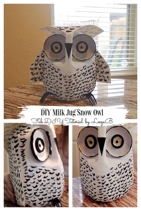 How To Make Recycled Milk Jug Snow Owl  - DIY Tutorials Milk Jug Elephant, Milk Jug Farm Animals, Plastic Milk Jug Crafts, Diy Milk Jug Crafts, Plastic Jug Crafts, Recycle Milk Jugs, Plastic Jugs Upcycle Diy Ideas, Crafts With Milk Jugs, How To Make Owl