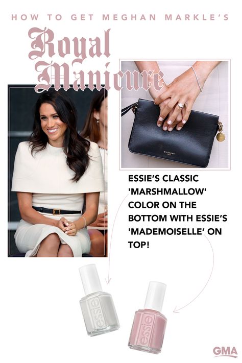 Meghan Markle, the Duchess of Sussex, put a slight twist on the neutral nails we’re accustomed to seeing on royals! Here's how to get her nail look - layer Essie's Marshmallow color on the bottom with Essie's Mademoiselle on top! Essie Marshmallow, Essie Mademoiselle, Wedding Manicure, Essie Nail Polish, Popular Nails, Essie Nail, Neutral Nails, Halloween Nail Art, Types Of Nails