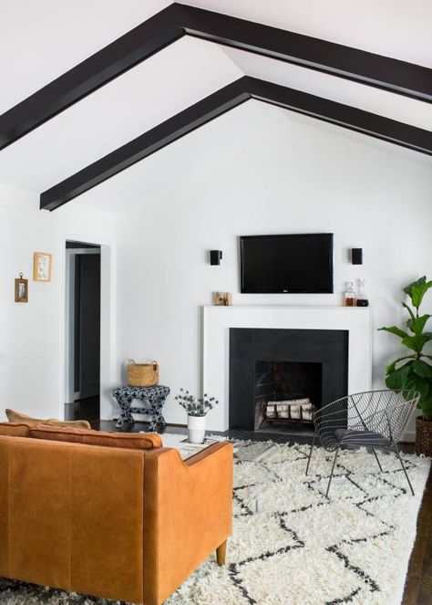 Black Beams, Ceiling Beams Living Room, Ranch Renovation, Beams Living Room, Vaulted Ceiling Living Room, Contemporary Decor Living Room, White Beams, Living Room Renovation, Black And White Tiles