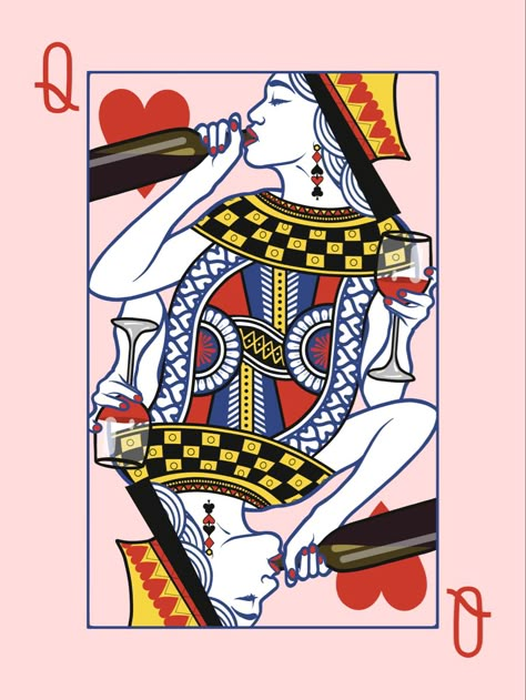 An illustration of a Queen of Hearts playing card but the woman is drinking red wine Red Wine Illustration, Art With Wallpaper, Wine Art Illustration, Queen Of Hearts Art, Diy Art Wall, Cool Art Prints, Cards Painting, Art Hippie, Playing Cards Art