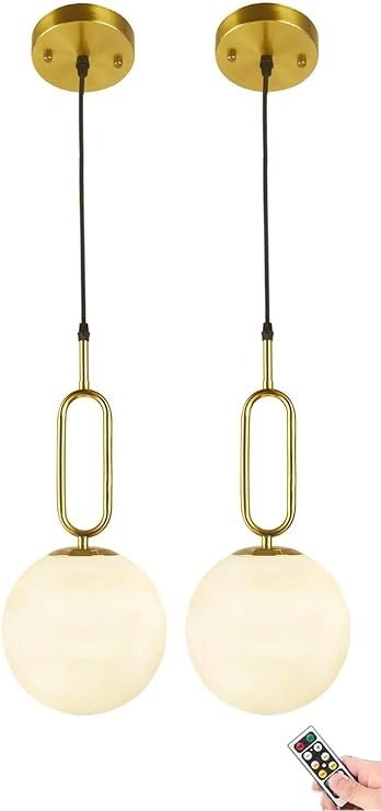 Wireless Pendant Lights Battery Operated Set of 2,USB Rechargeable Hanging Light with Remote Timer,Modern Globe Glass Gold Pendant Lighting Fixture for Bedroom Kitchen Island Dining Room - Amazon.com Battery Operated Pendant Lights, Room Amazon, Pendant Light Set, Kitchen Island Dining Room, Island Dining Room, Kitchen Island Dining, Gold Pendant Lighting, Island Dining, Hanging Light