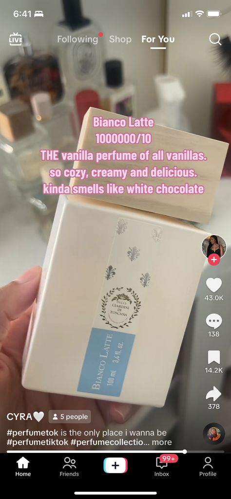 Bianca Latte Perfume, Perfume With Vanilla Notes, White Chocolate Perfume, Blanco Latte Perfume, Perfumes That Smell Like Chocolate, Nice Smelling Perfumes, Fragrance Lab, Fragrances Perfume Woman, Body Hygiene