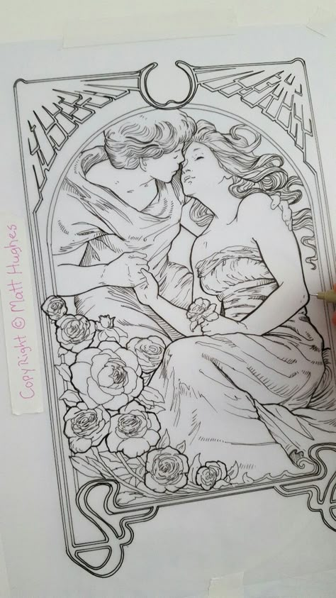 The Lovers Drawing, Art Nouveau Tarot Illustration, Tarot Card Art Nouveau, Art Nouveau Lovers, Art Nouveau Tarot Cards, The Lovers Tarot Drawing, Lovers Tarot Card Drawing, Art Nouveau Couple Illustration, Tarot Card Line Art