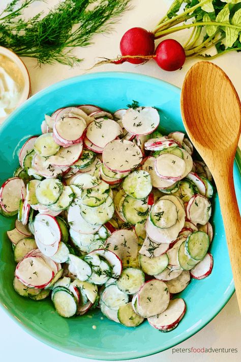 Russian Radish Salad - Peter's Food Adventures Cucumber And Radish Salad, Russian Salads, Radish Salad Recipe, Sour Cream Dressing, Radish Cucumber, Rustic Salad, Homemade Sour Cream, Summer Eats, Radish Salad