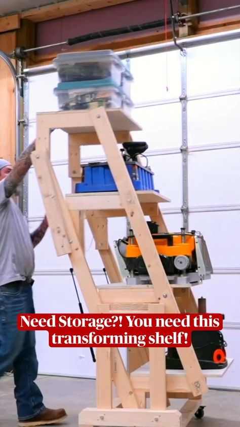 Have storage issues? Let's fix that! This heavy-duty mobile transforming shelf can hold sixteen 18Q storage boxes, your larger "awkward" tools, or can be moved to where you need it and be used as a workbench/table! Small Woodworking Shop Ideas, Workshop Shelves, Diy Moving, Diy Storage Projects, Workbench Table, Portable Workbench, Wood Tool Box, Space Organization, Woodworking Tools Storage