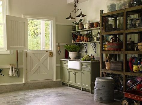 Shed Ideas Inside, Green Beadboard, Garage Wall Shelving, Potting Station, Inside Garden, Floating Cabinets, Custom Shelving, Dutch Door, Shed Design