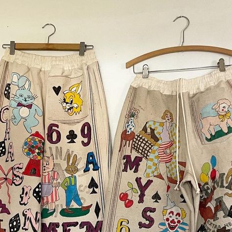 Lauren Roche on Instagram: "Hand drawn on hand made pants using antique/ vintage feedsacks 🐰 swipe to see a beautiful model wearing them :) next website sale will be May 21 at 3 pm central time 🐣" Drawn On Pants, Senior Cords, Embroidery Book, 3 Pm, Heritage Collection, May 21, Artsy Fartsy, Antique Vintage, Custom Clothes