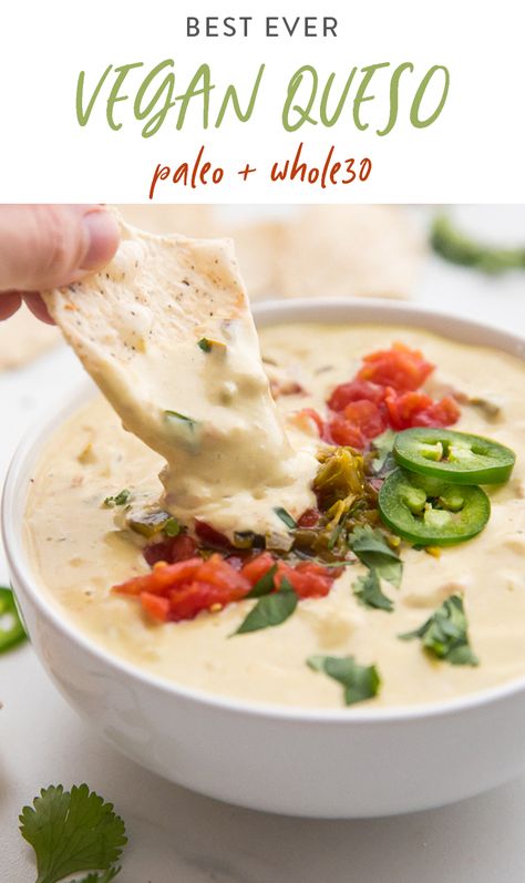 This is the best vegan queso recipe I've ever had! It tastes so much like the real thing and it's dairy free, paleo, and Whole30 too. Made with cashews, potatoes, and nutritional yeast, this vegan queso blanco dip is a total favorite #vegan #paleo #dairyfree #appetizer #dip Queso Blanco Dip, Vegan Apps, Vegan Queso, Queso Recipe, Dairy Free Paleo, Paleo Snacks, Nutritional Yeast, Vegan Cheese, Whole 30 Recipes