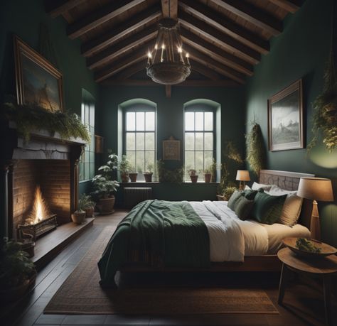 Dark Green And Gray Bedroom, Dark Green Cottagecore Bedroom, Dark Green Master Bed, Dark Green Curtains Bedroom, Forest Green Bedroom Ideas, Dark Green Moody Bedroom, Victorian Homes Interior Bedroom, Forest Green Bedrooms, Academia Bedroom