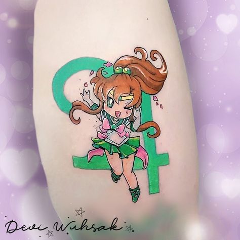 #deviwuhsak Jupiter Symbol Tattoo, Sailor Jupiter Tattoo, Jupiter Tattoo, Jupiter Symbol, Symbol Tattoo Ideas, Tattoo Sailor, Sailor Tattoos, Moon Tattoos, Symbol Tattoo