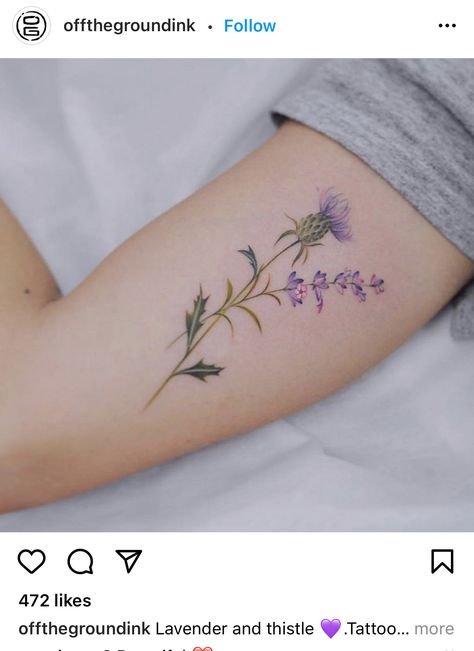 Heather And Thistle Tattoo, Heather Tattoo Scottish, Thistle And Lavender Tattoo, Scottish Wildflowers Tattoo, Thistle Finger Tattoo, Small Thistle Tattoo Simple, Vervain Flower Tattoo, Scottish Thistle And Heather Tattoo, Thistle And Bee Tattoo