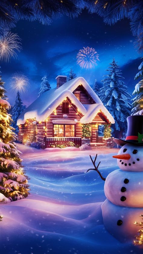 Dive into the magic of the holiday season with our vivid Christmas wallpaper background. Featuring a cozy, warmly lit cabin surrounded by snow-covered pine trees, this enchanting scene comes alive with twinkling holiday lights and gently falling snowflakes. In the foreground, a cheerful snowman with a carrot nose, coal eyes, and a stylish top hat adds a touch of whimsy. The deep twilight blue sky, filled with a mix of stars and festive fireworks, and soft, golden lighting evoke a magical, festive atmosphere perfect for celebrating Christmas. Snowy Christmas Background, Christmas Scenery Wallpaper, Classic Anime Style, Zpt Background, Wonderland Wallpaper, Anime Magic, Happy New Year Pictures, Twilight Blue, Christmas Wallpaper Backgrounds