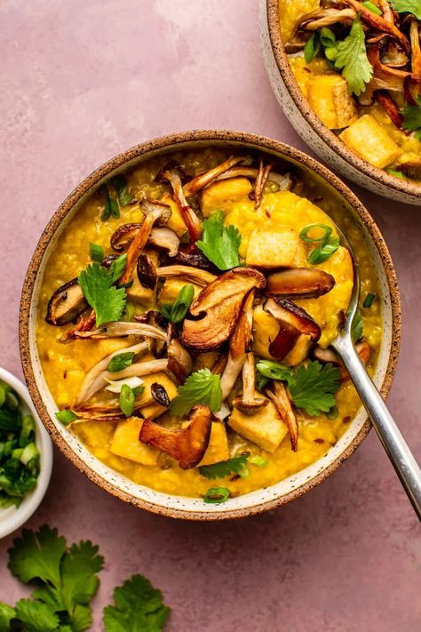 Turmeric Ginger Congee with Crispy Mushrooms - From My Bowl Vegan Congee, Bang Bang Tofu, Cozy Winter Meals, Crispy Mushrooms, Meals Vegan, Baked Mushrooms, Winter Meals, Garlic Green Beans, Kimchi Fried Rice