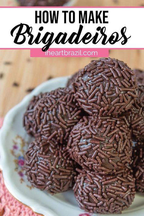 This brigadeiro recipe is our FAVORITE Brazilian sweet. Learn how to cook Brazilian fudge balls with a local–it's delicious and really easy to prepare. | recipe for brigadeiro | brazilian dessert | brazilian food | brazilian recipes | brazilian dishes | brazilian candy | brazilian brigadeiro | how to make brigadeiro #brazil #iheartbrazil Brazilian Recipes Dessert, Portuguese Plates, Brazilian Truffles, Brazilian Candy, Fudge Balls, Brigadeiro Recipe, Brazilian Chocolate, Brazil Food, Brazilian Desserts